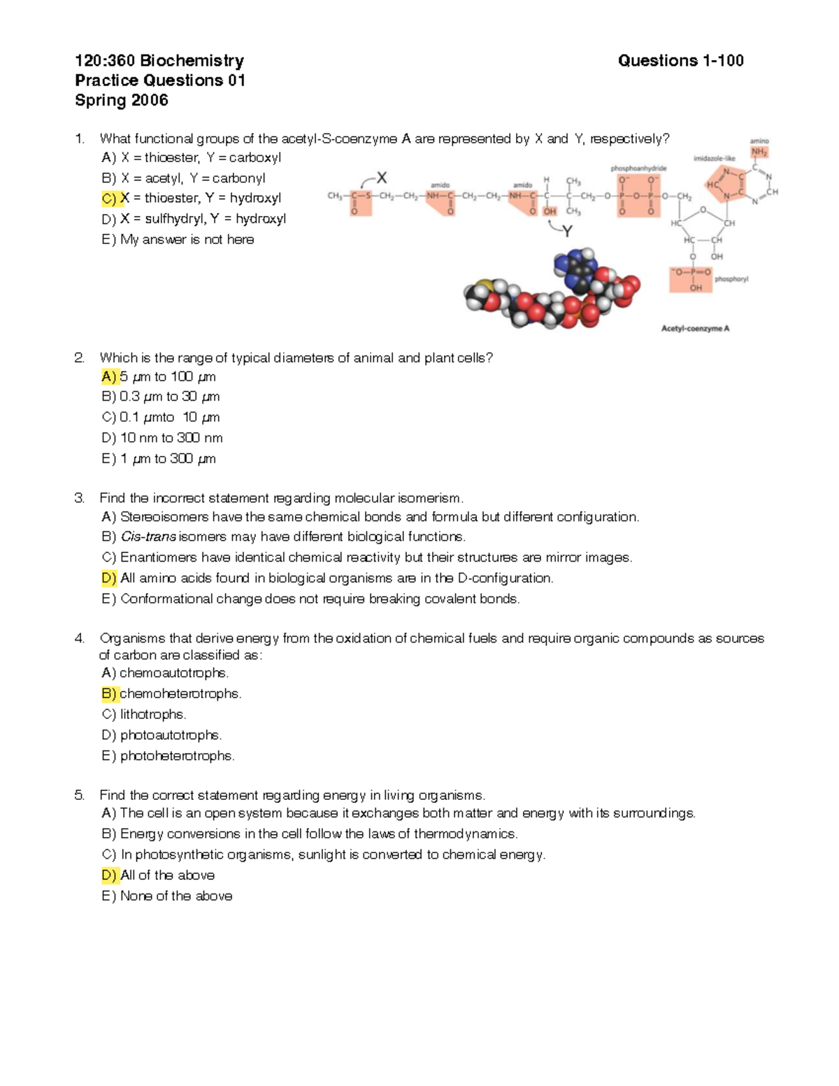 120:360 Biochemistry SP26 Exam 1 - Practice Questions 1-100 Solutions ...