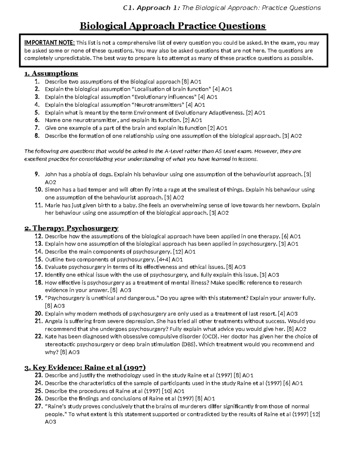 Biological Approach Practice Exam Questions for Psychology (C1) - Studocu