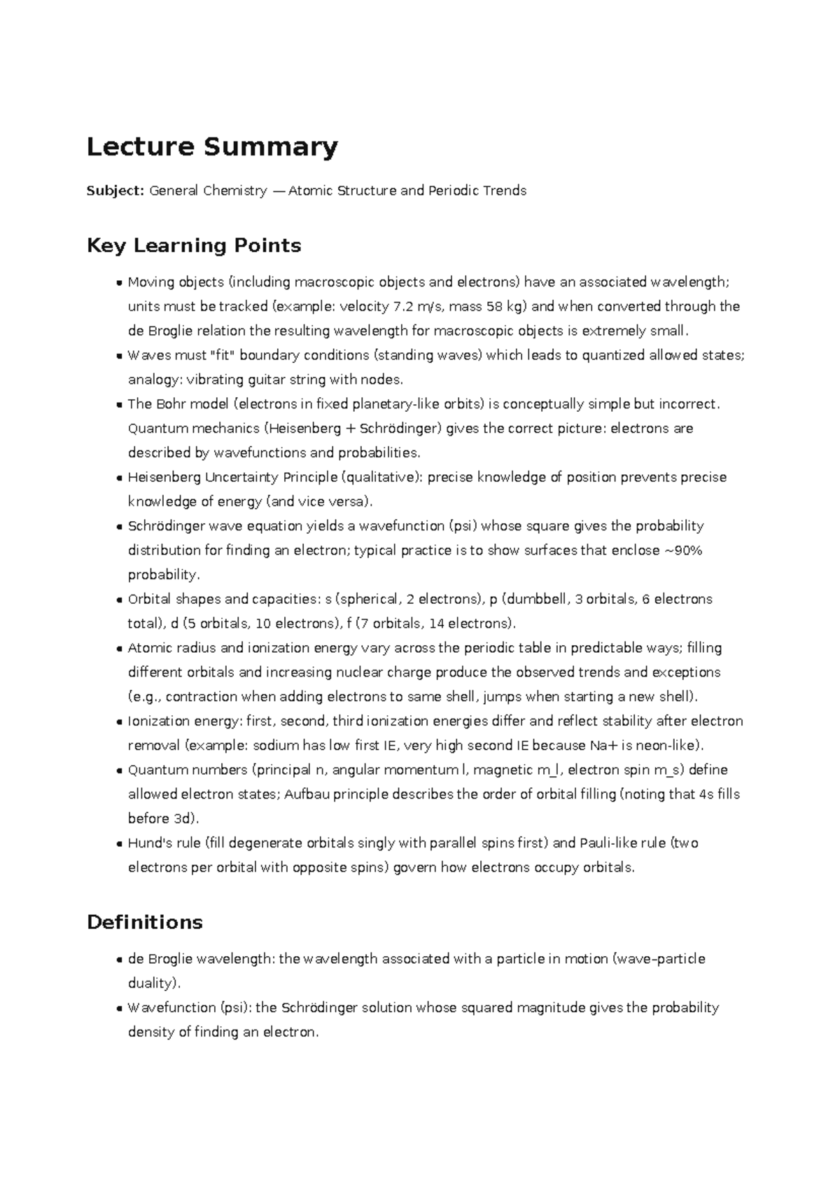 Lecture Summary: General Chemistry - Atomic Structure - Studocu