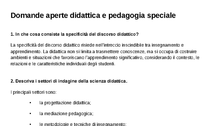 Domande aperte su Didattica e Pedagogia Speciale 1: Approfondimenti e ...