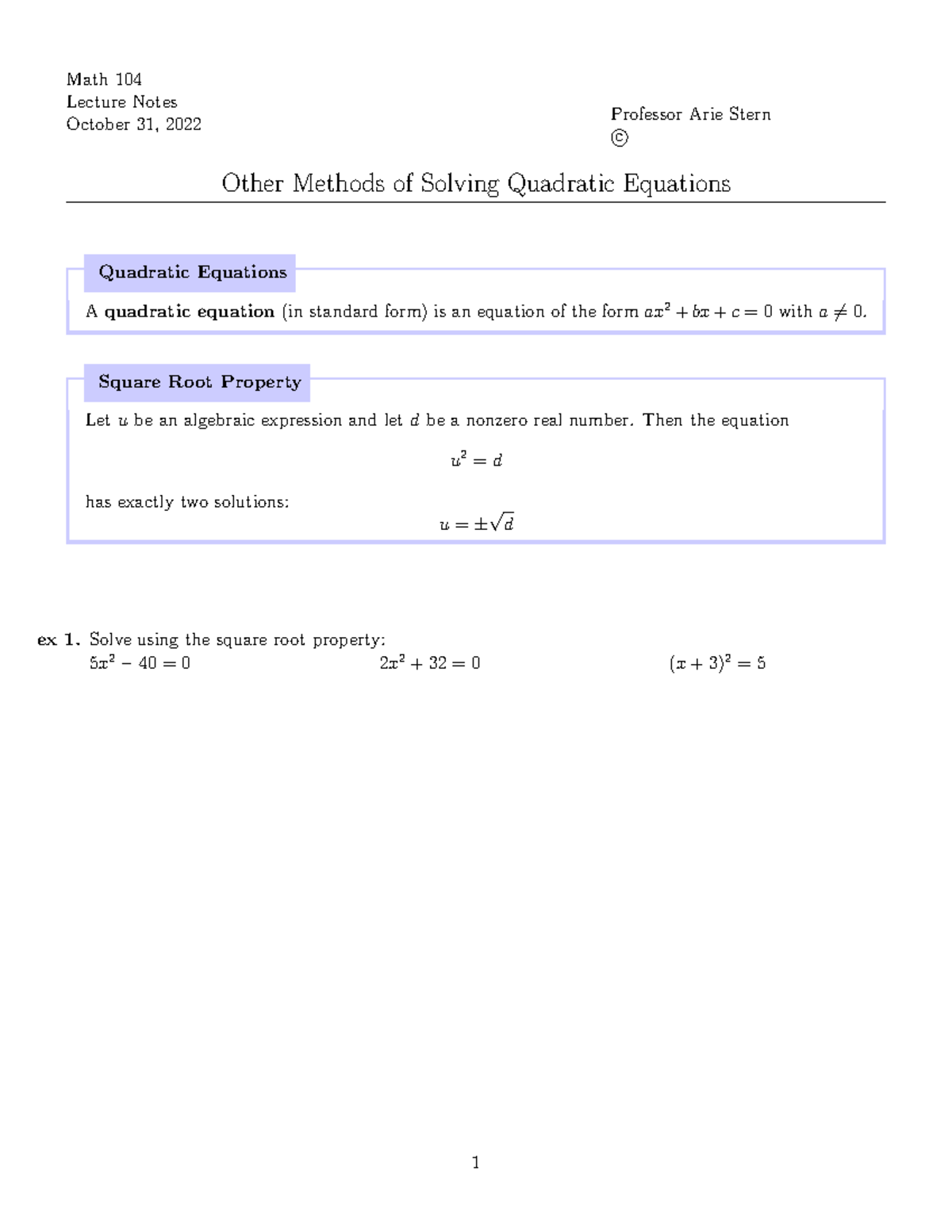 Other Methods for Solving Quadratic Equations - Math 104 Lecture Notes ...