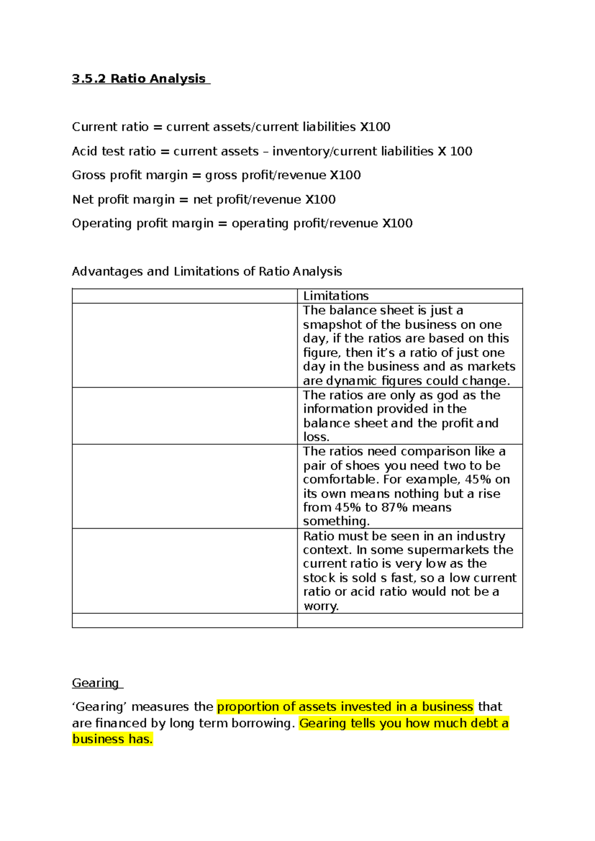 3.5.2 Ratio Analysis: Current and Gearing Ratios Explained - Studocu