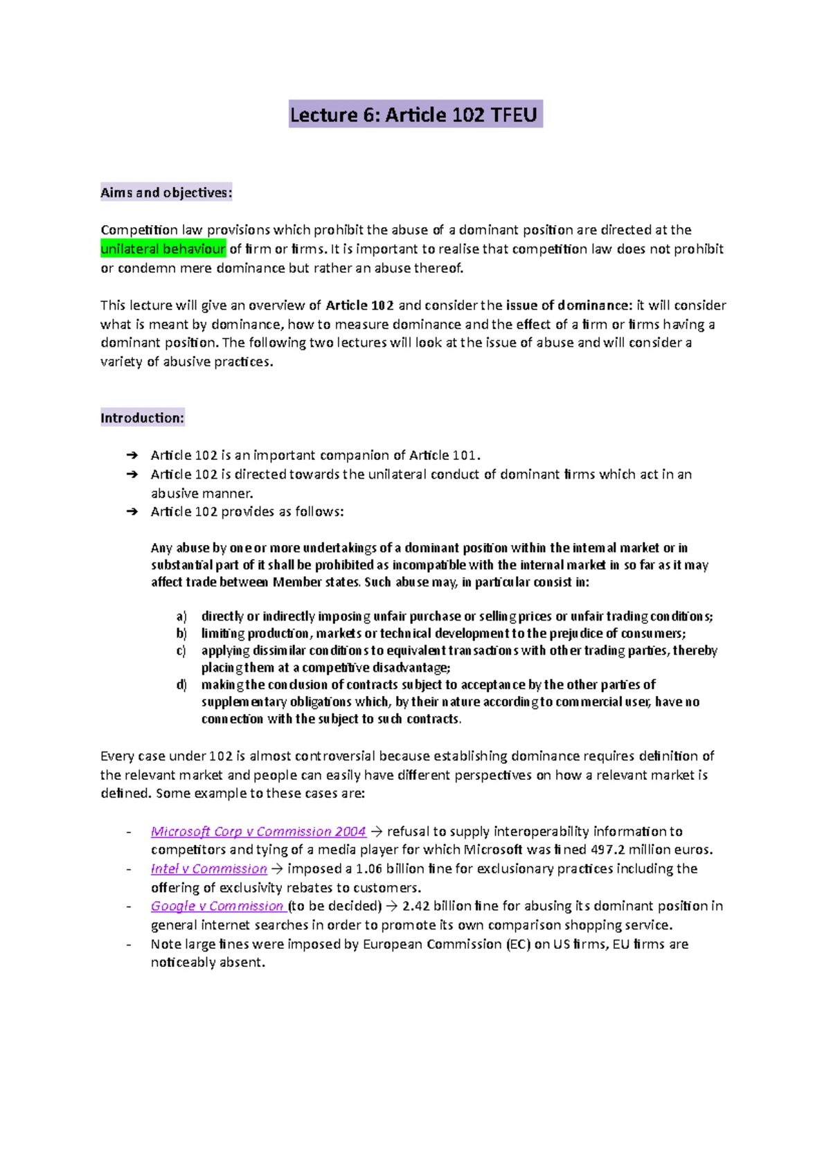Lecture 6: Understanding Article 102 and Dominance in Competition Law ...