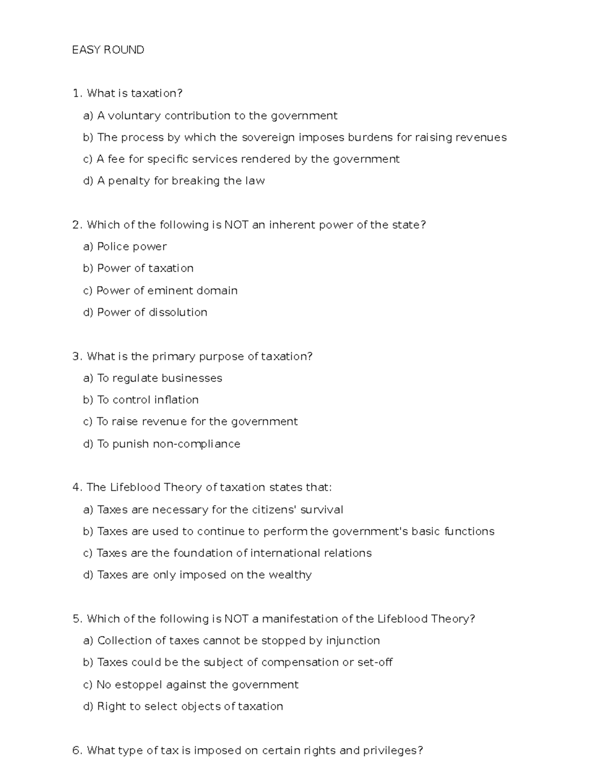 Income Taxation Quiz Bowl Questions: Easy, Moderate, and Difficult Rounds - Document Preview