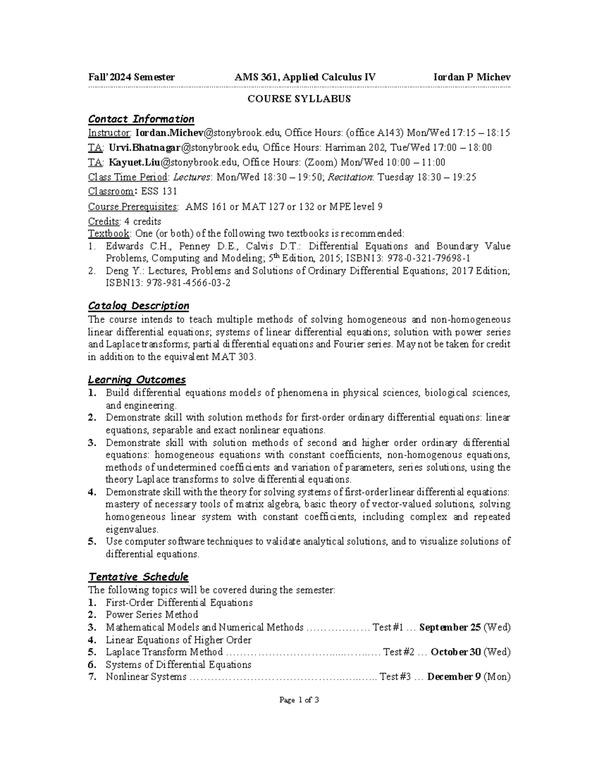 AMS 361: Applied Calculus IV Syllabus - Fall 2024 - Studocu