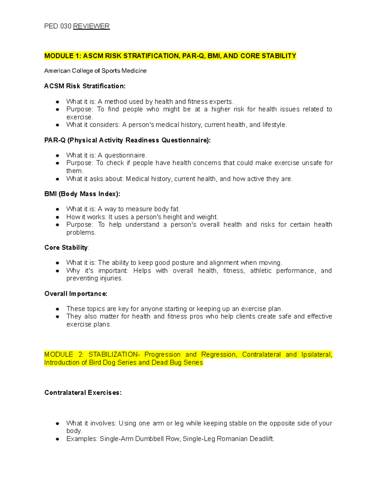 PED 030 REVIEWER: ASCM Risk Stratification & Core Stability Modules 1-5 ...
