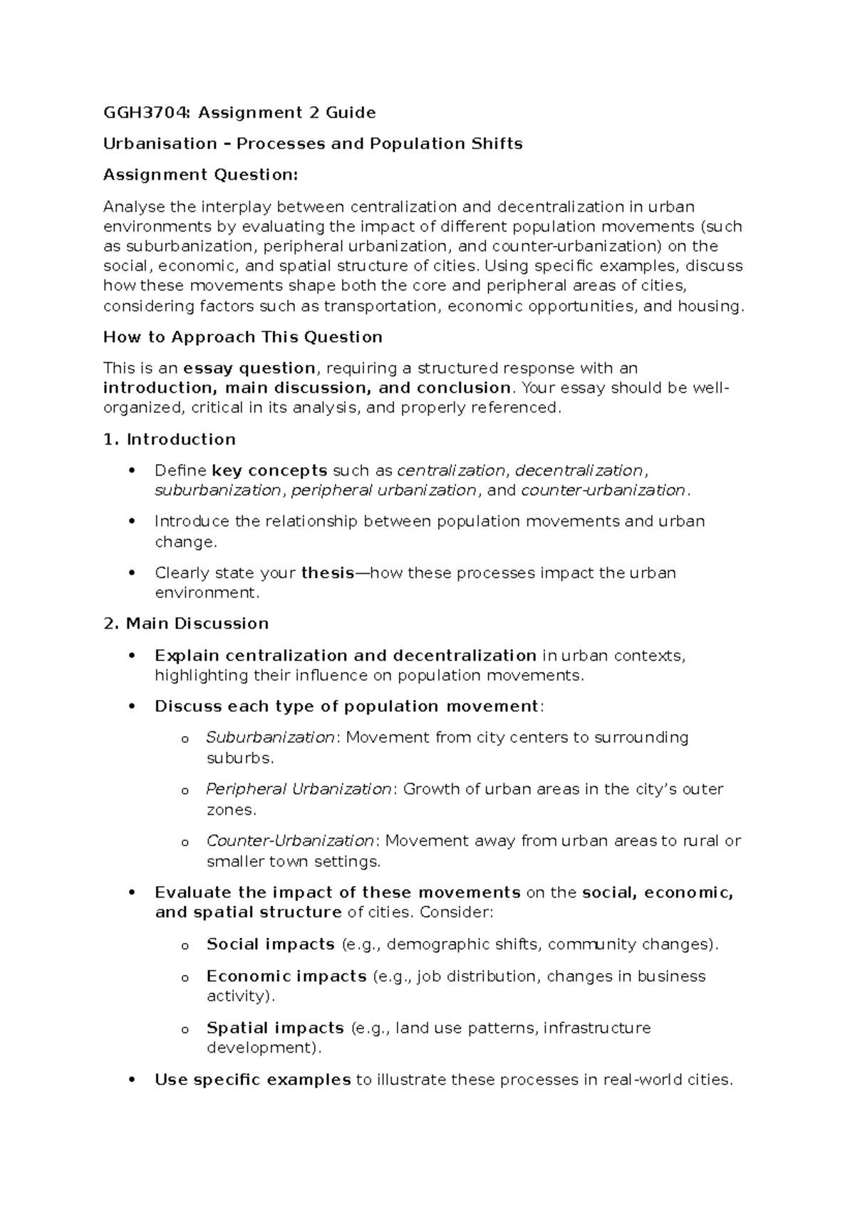 GGH3704: Assignment 2 Guide on Urbanization & Population Shifts - Studocu