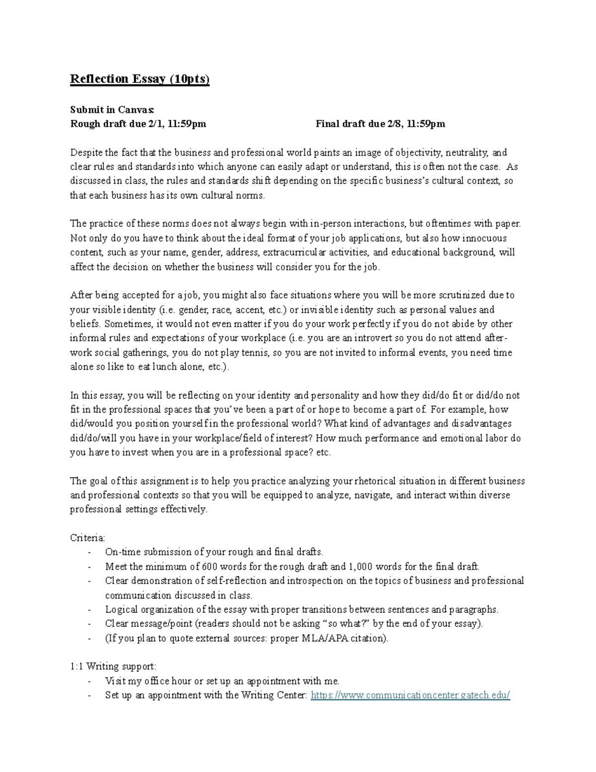 Reflection Essay (10pts) on Identity in Professional Contexts - Studocu