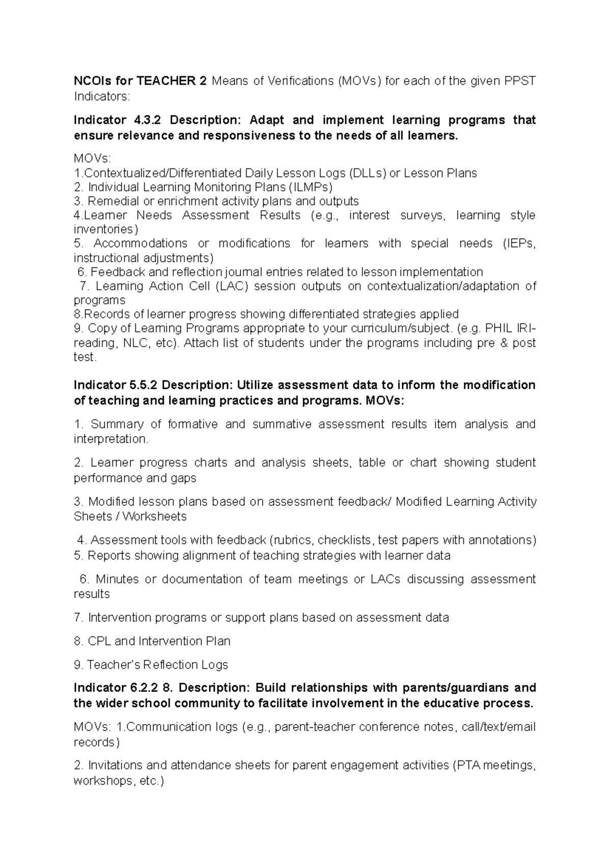 NCOI Teacher 2 - Means of Verification for PPST Indicators - Studocu
