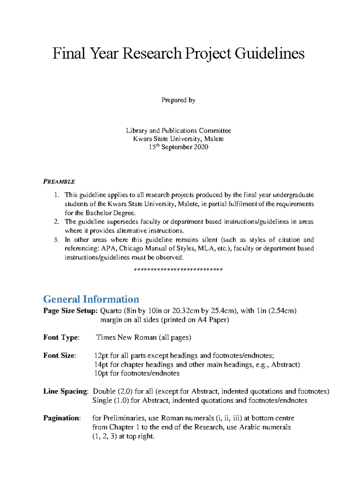 Kwasu Final Year Research Project Guidelines for Undergraduates - Studocu