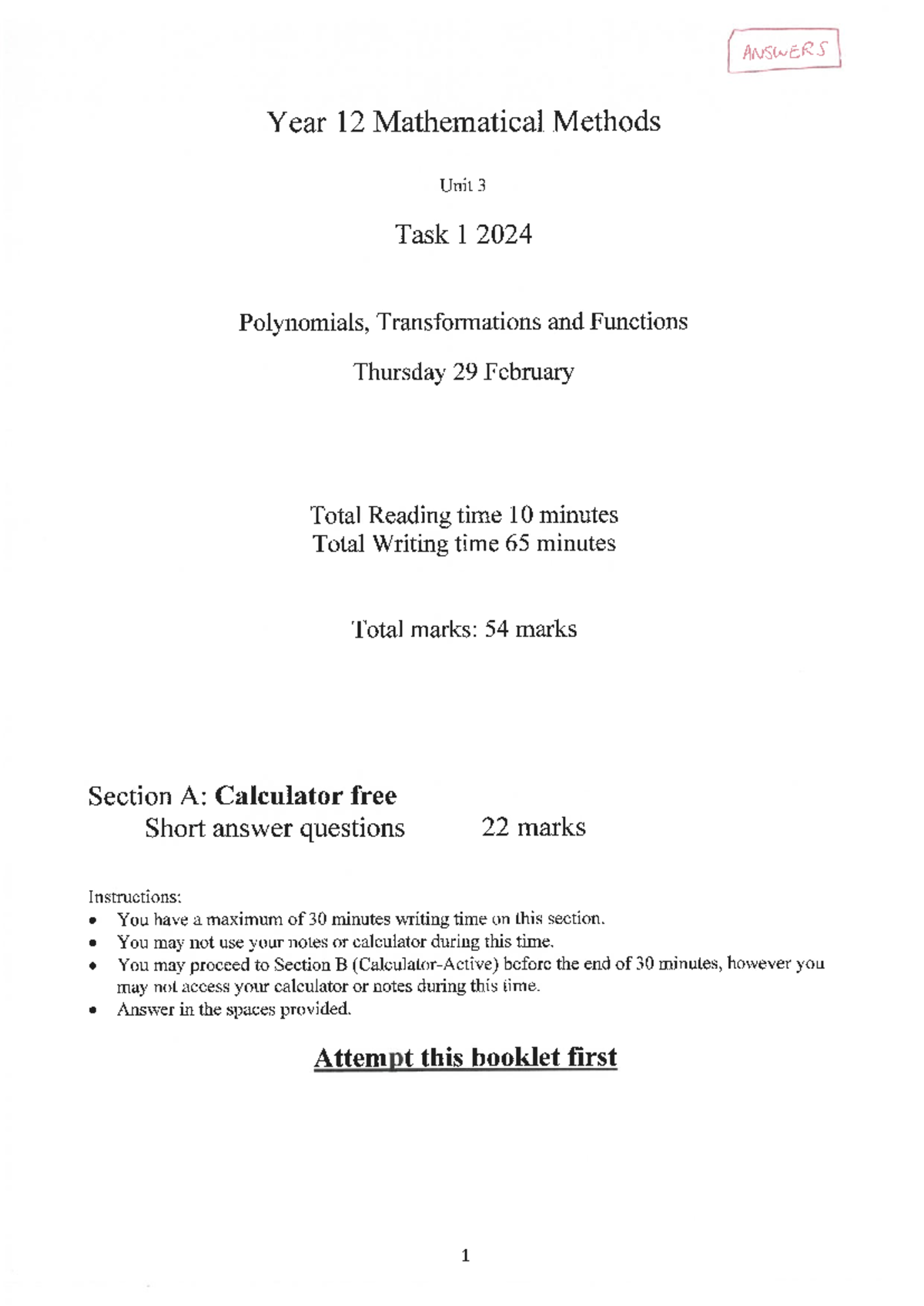 Year 12 Mathematical Methods Unit 3 Task 1 Solutions: Polynomials ...