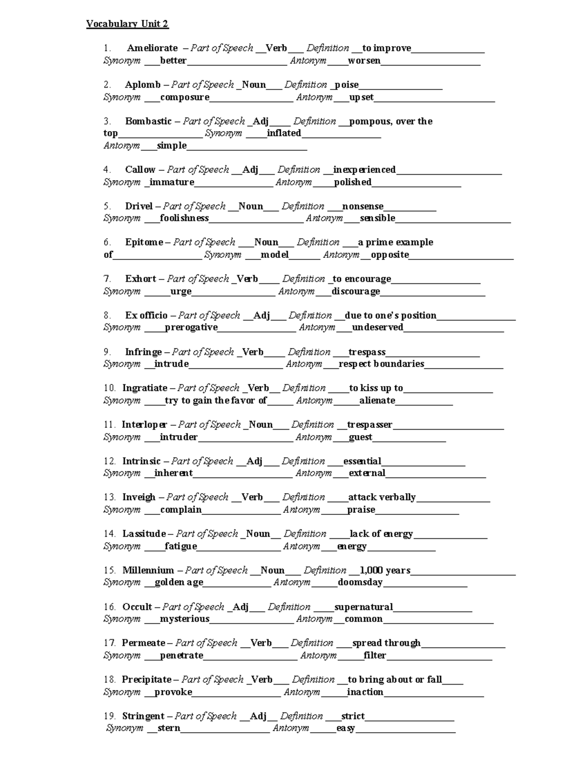 Vocabulary Unit 2: Key Terms and Definitions for English Class - Studocu