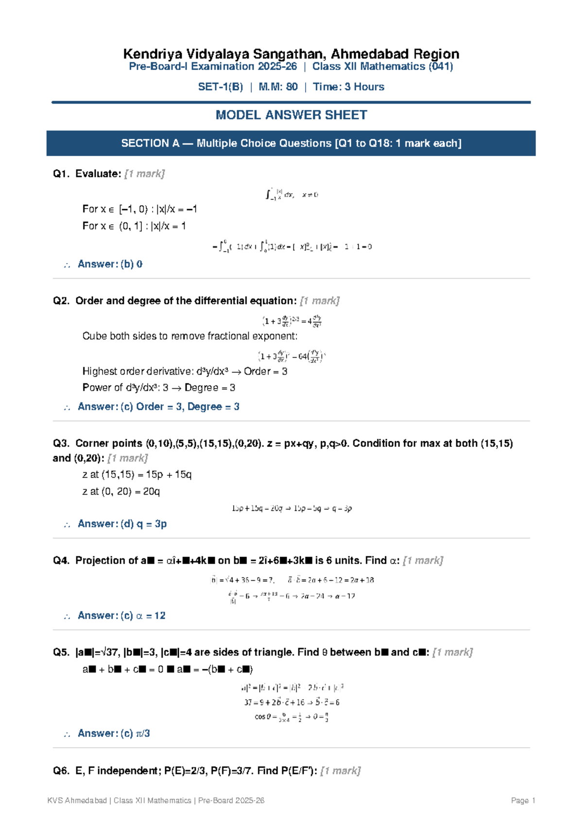 KVS XII Mathematics (041) Model Answer Sheet for Exam - Studocu