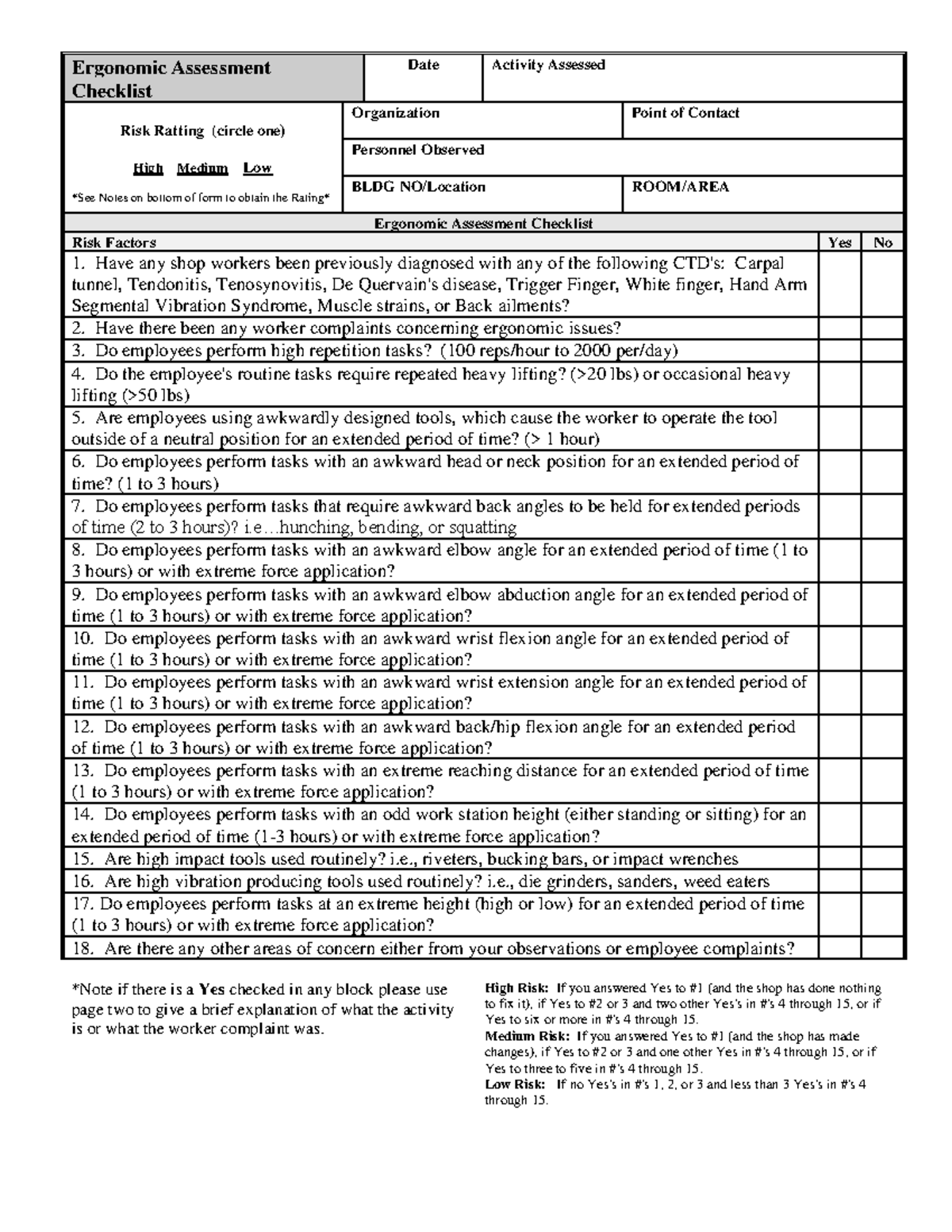 Ergonomic Risk Assessment - Ergonomic Assessment Checklist Date ...