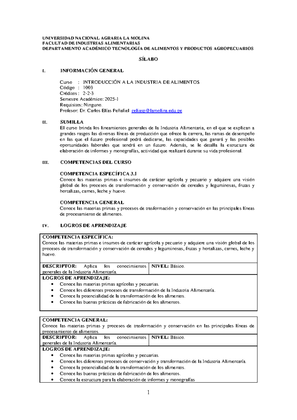 Sílabo del Curso 1003: Introducción a la Industria Alimentaria - Document Preview