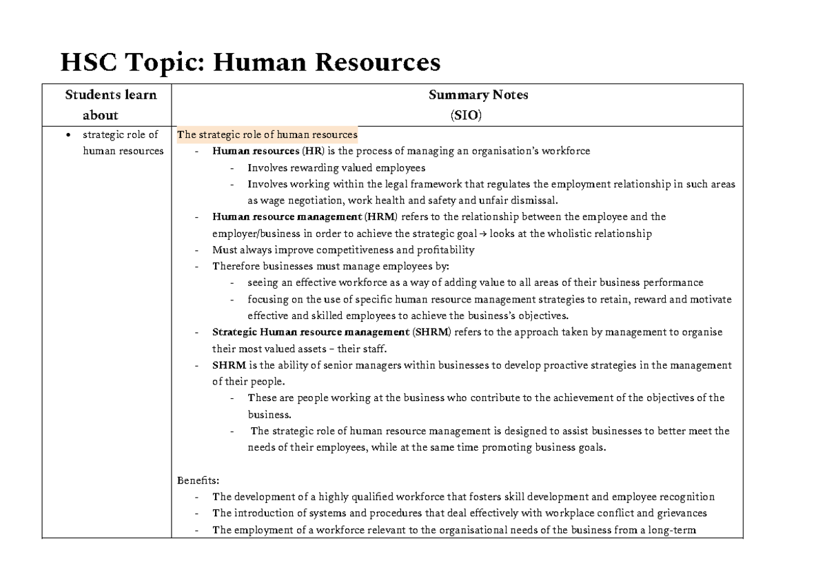 Role of human resources management summary - HSC Topic: Human Resources ...