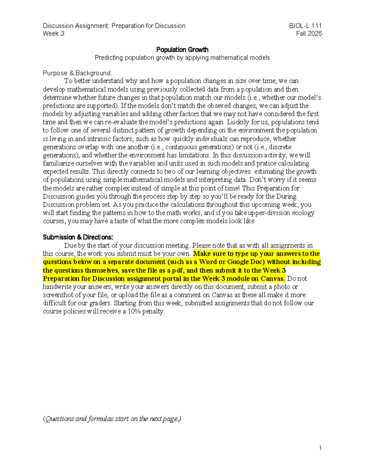 Discussion Assignment: Population Growth BIOL-L 111 - Studocu