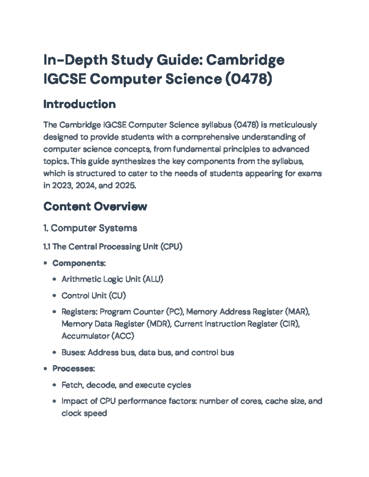 Cambridge IGCSE Computer Science (0478) Comprehensive Study Guide - In ...