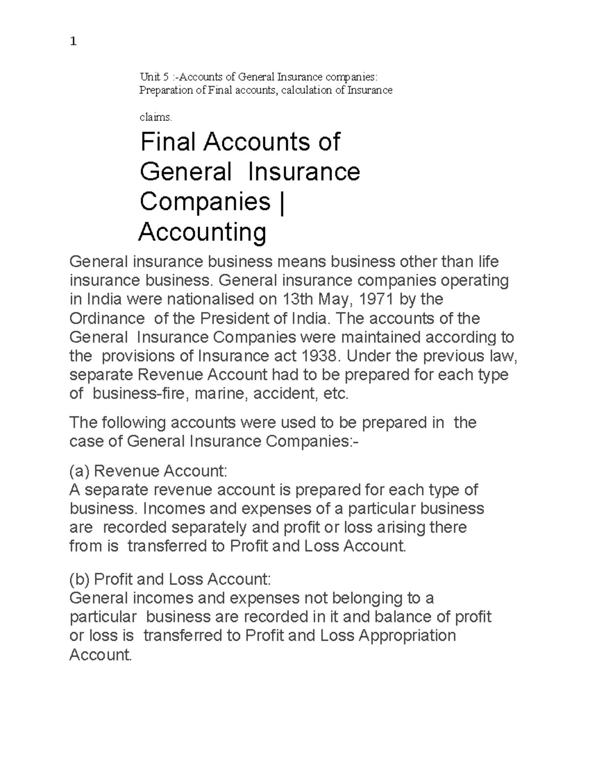 Unit 5: Final Accounts & Claims Calculation in General Insurance (ACCT ...