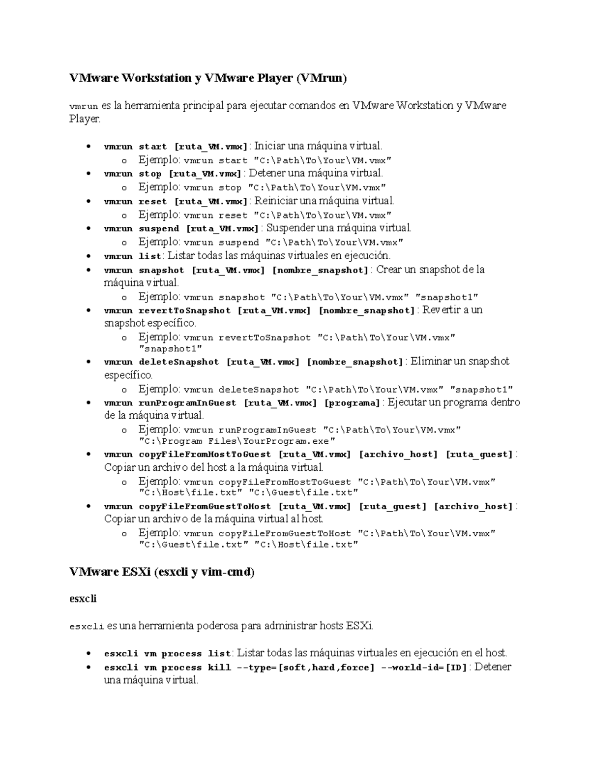 Comandos vmrun y esxcli para VMware Workstation y ESXi - Studocu