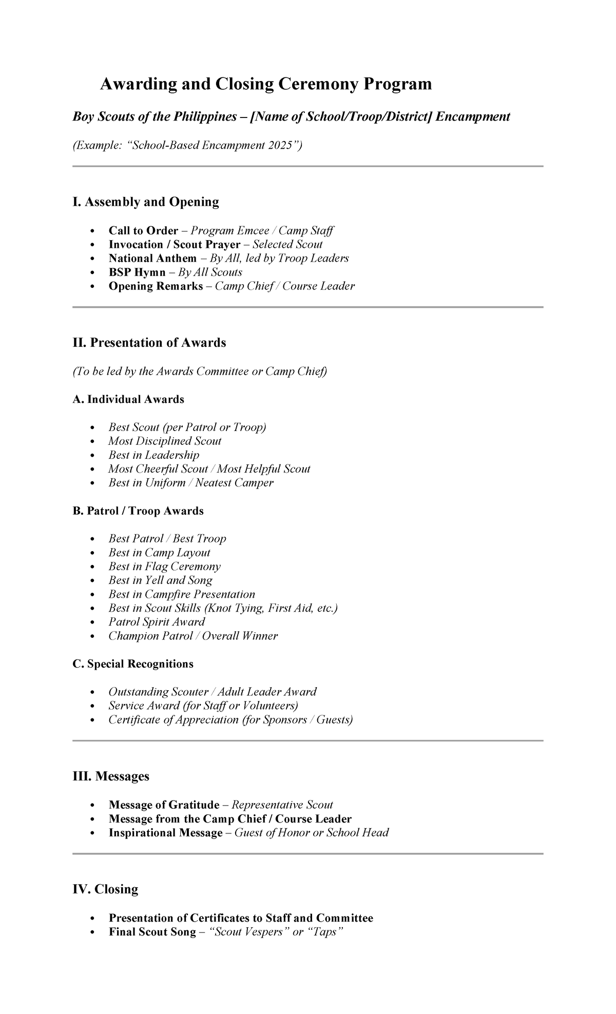 Closing Ceremony Program - Boy Scouts Encampment I - Studocu