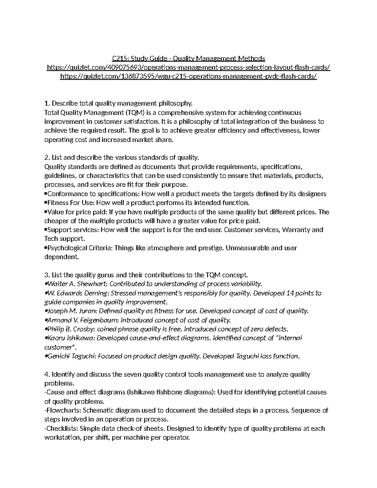 C215 Study Guide Quality Management Methods - C215: Study Guide ...
