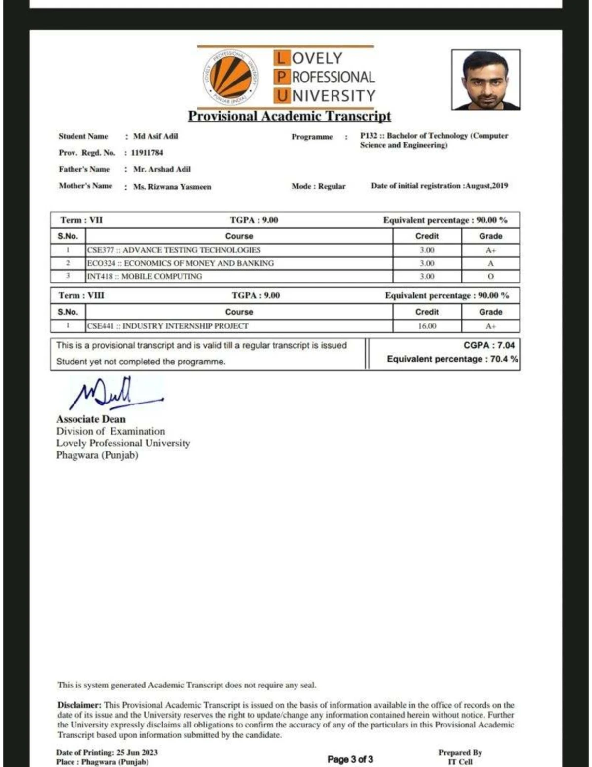 Academic transcript for Bachelor of Technology in Electronics (B.Tech ...