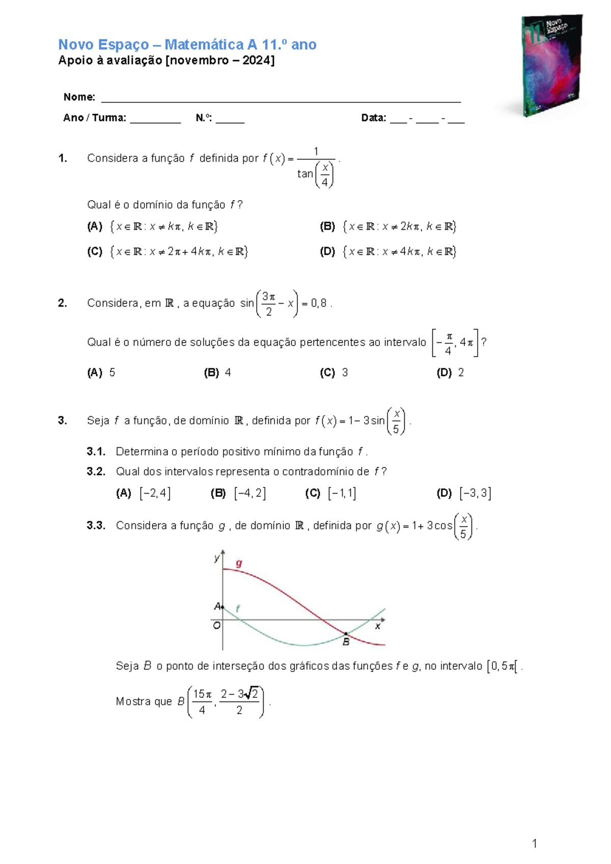 Novo Espaço Matemática A - 11.º Ano: Apoio à Avaliação Novembro 2024 ...
