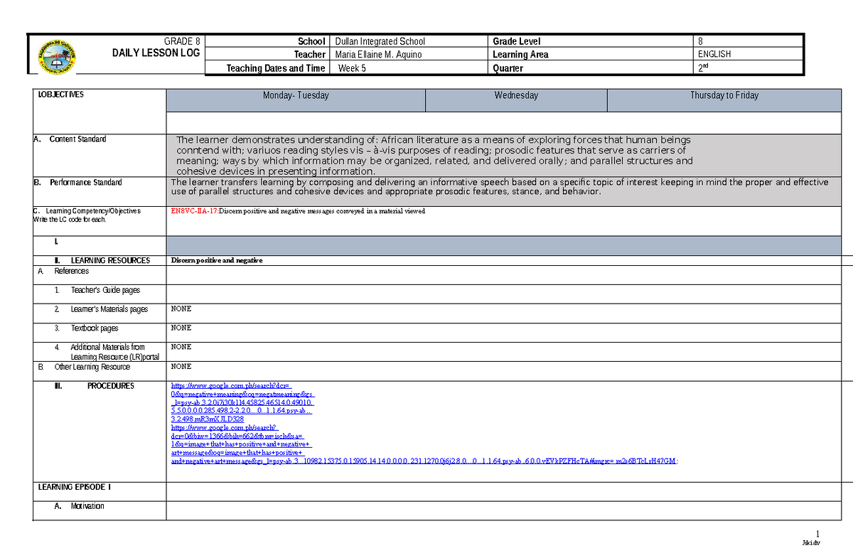 WEEK 5 - DLL - GRADE 8 DAILY LESSON LOG School Dullan Integrated School ...