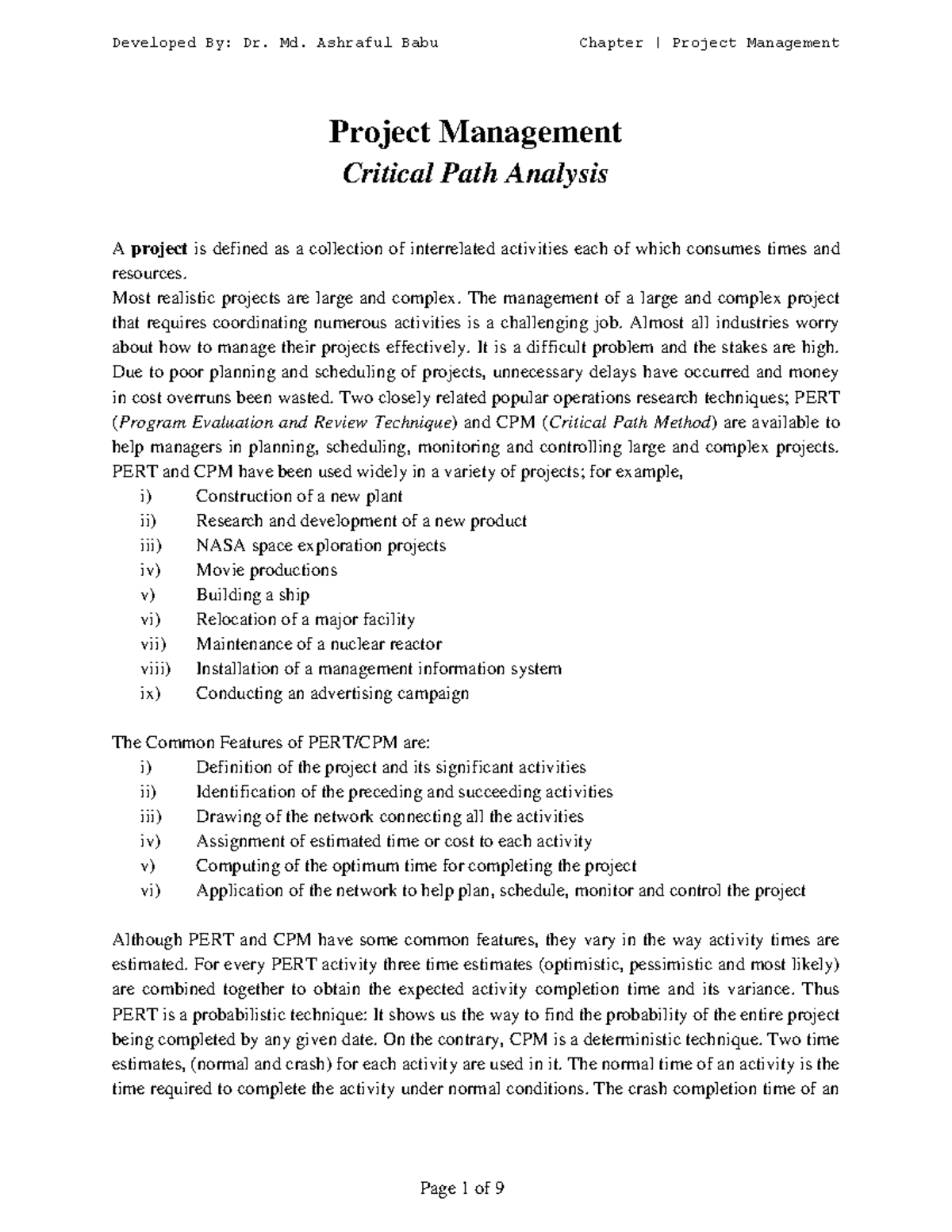 Chapter- Project Management-CPM - Project Management Critical Path ...