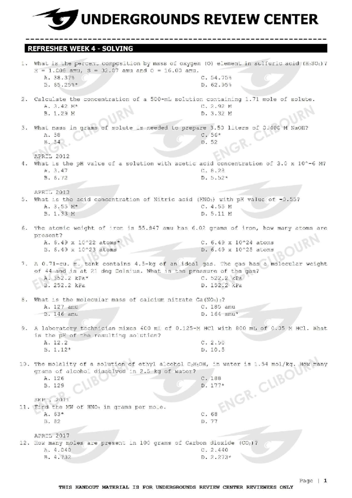 Refresher ESAS 1: Chemistry & Physics Review Questions and Calculations - Document Preview