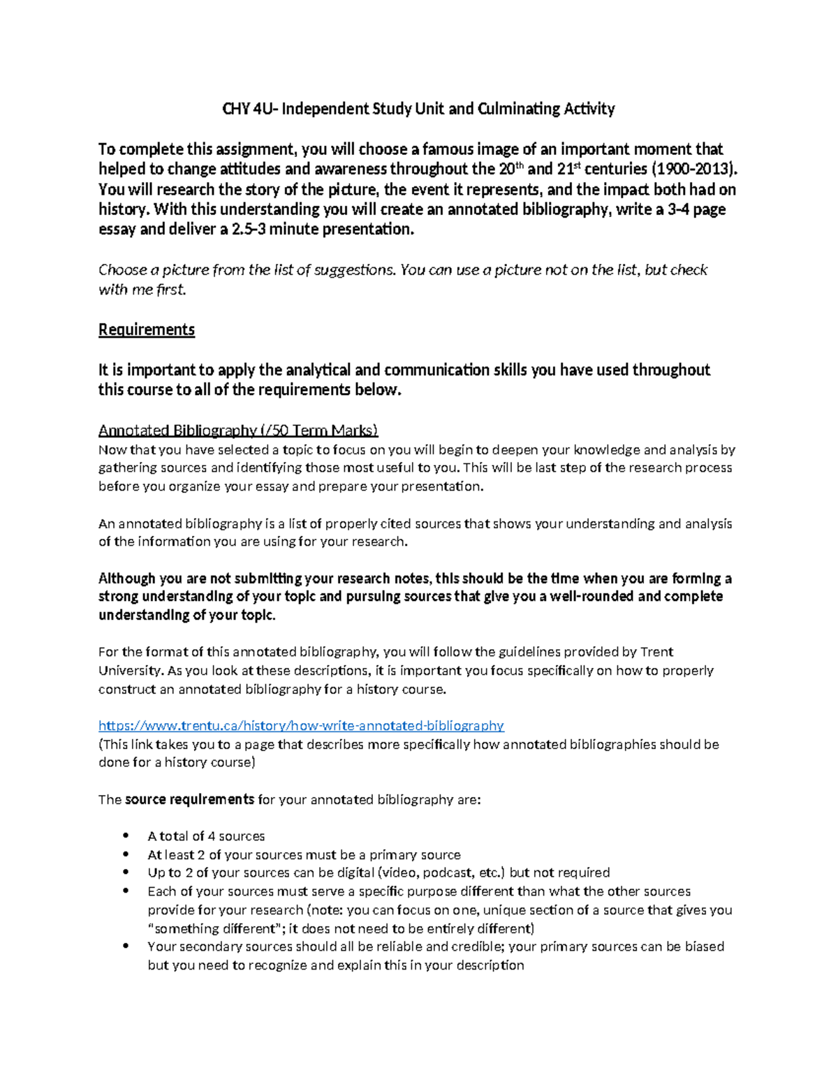 CHY 4U Culminating Activity: Notes on Annotated Bibliography & Essay ...