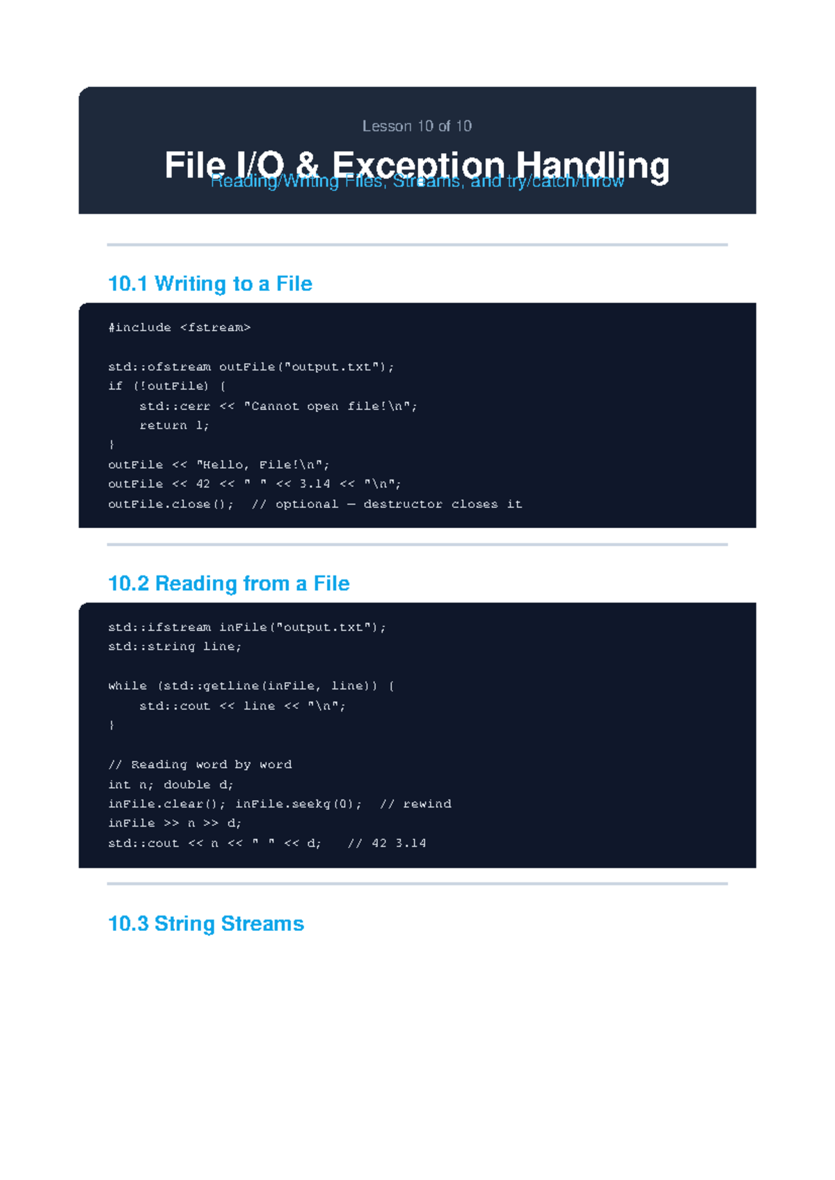 Lesson 10: File I/O and Exception Handling in C++ - Studocu