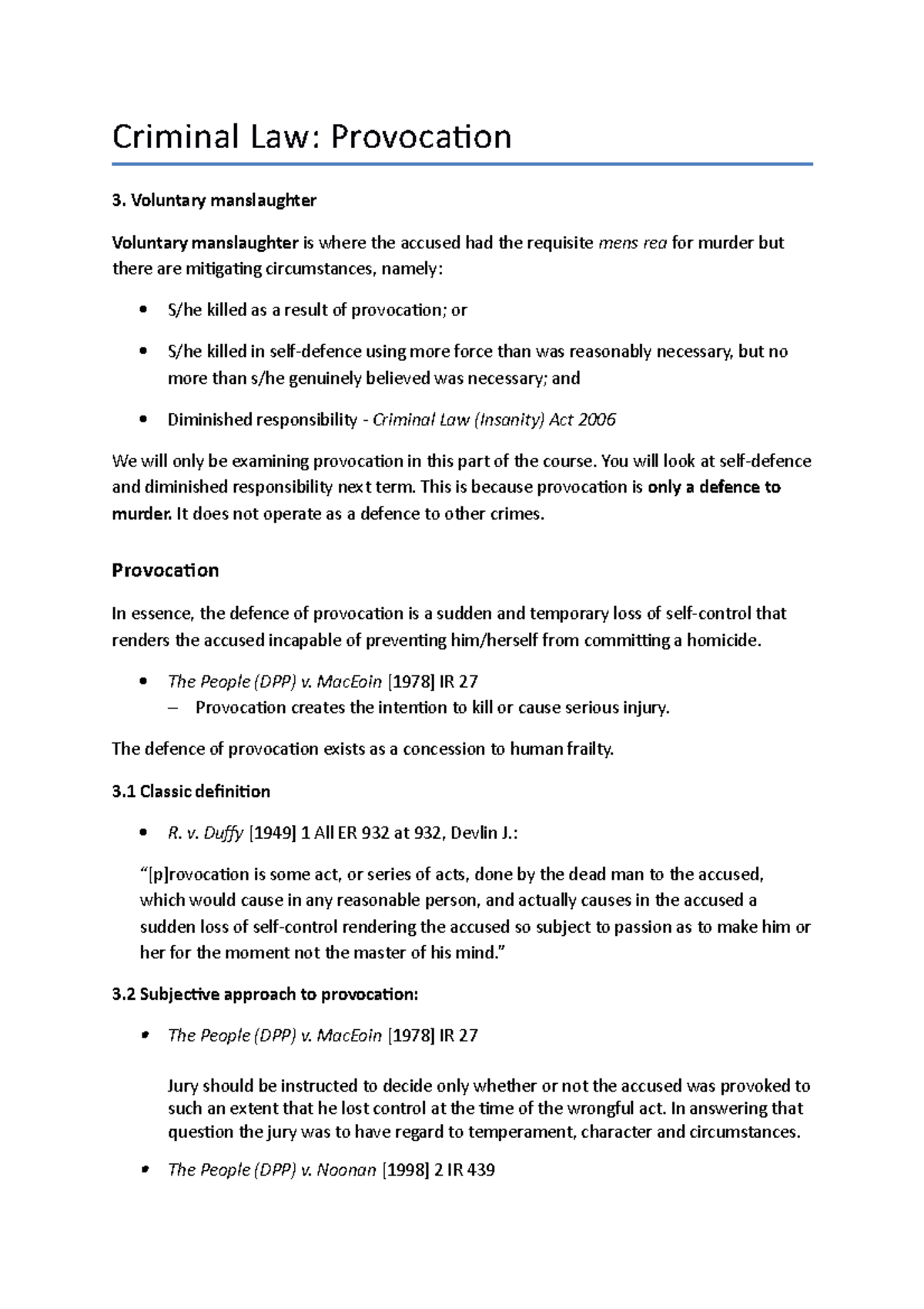 Criminal Law - Provocation (Final Exam Notes for CL101) - Studocu
