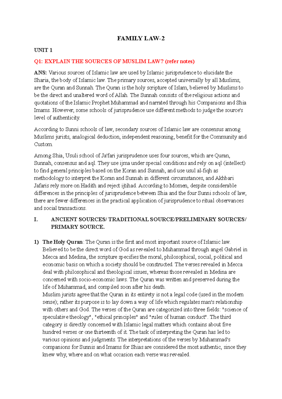 FAMILY LAW [Notes] - Sources and Schools of Muslim Law Explained - Studocu