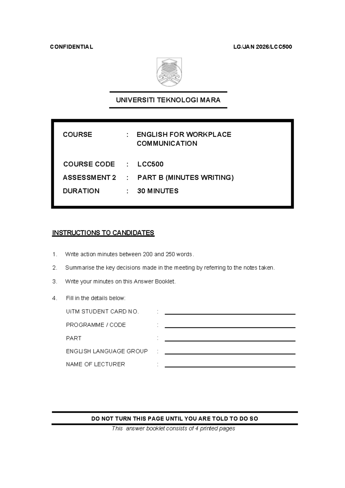 LCC500 Assessment 2: Minutes Writing Template for Workplace ...