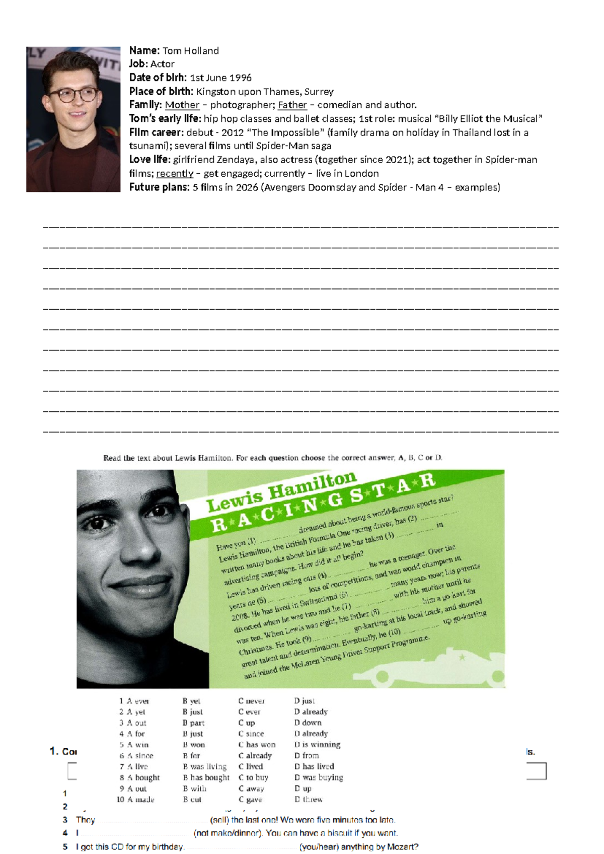 Fact file and revisions - Name: Tom Holland Job: Actor Date of birh ...