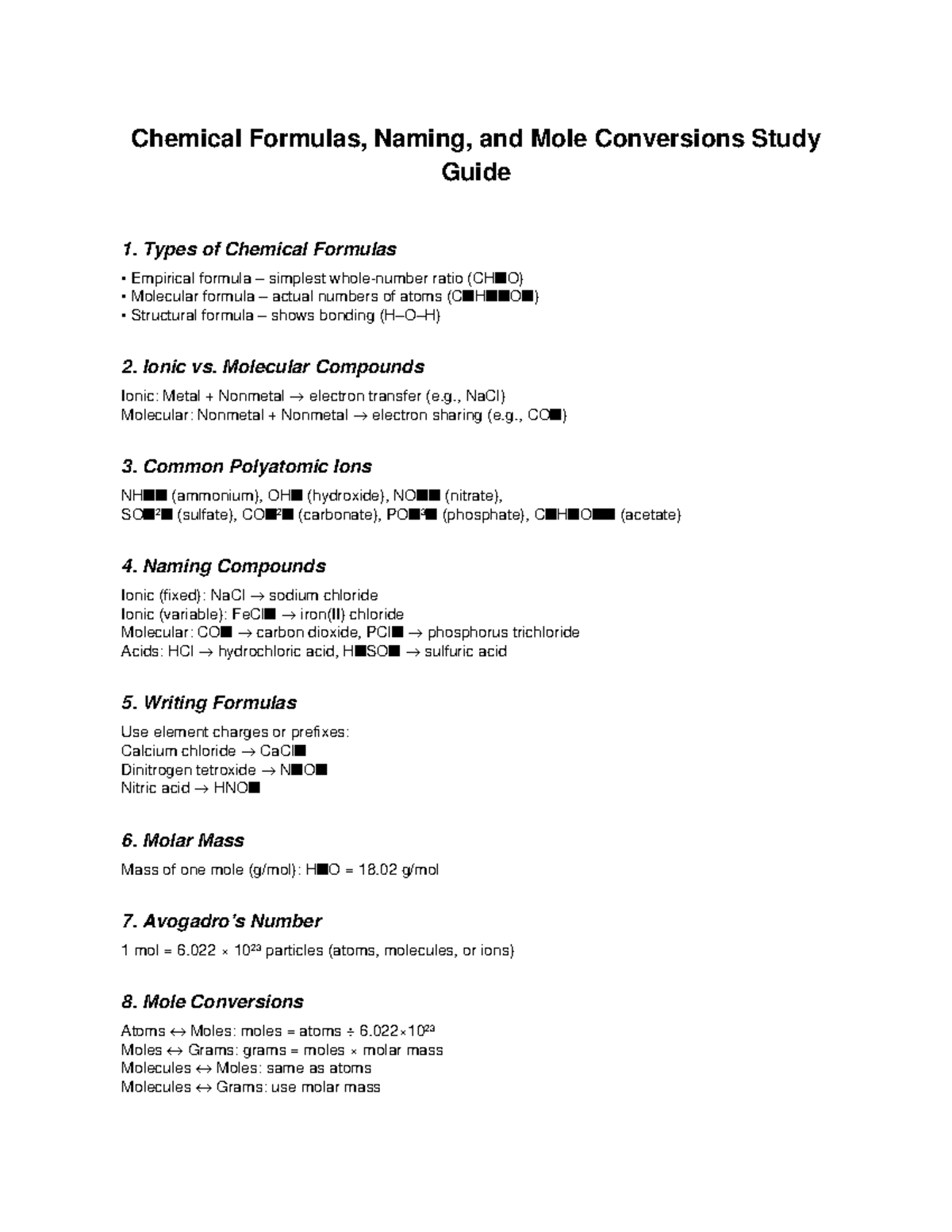 Chemical Formulas & Mole Conversions Study Guide (CHEM 101) - Studocu