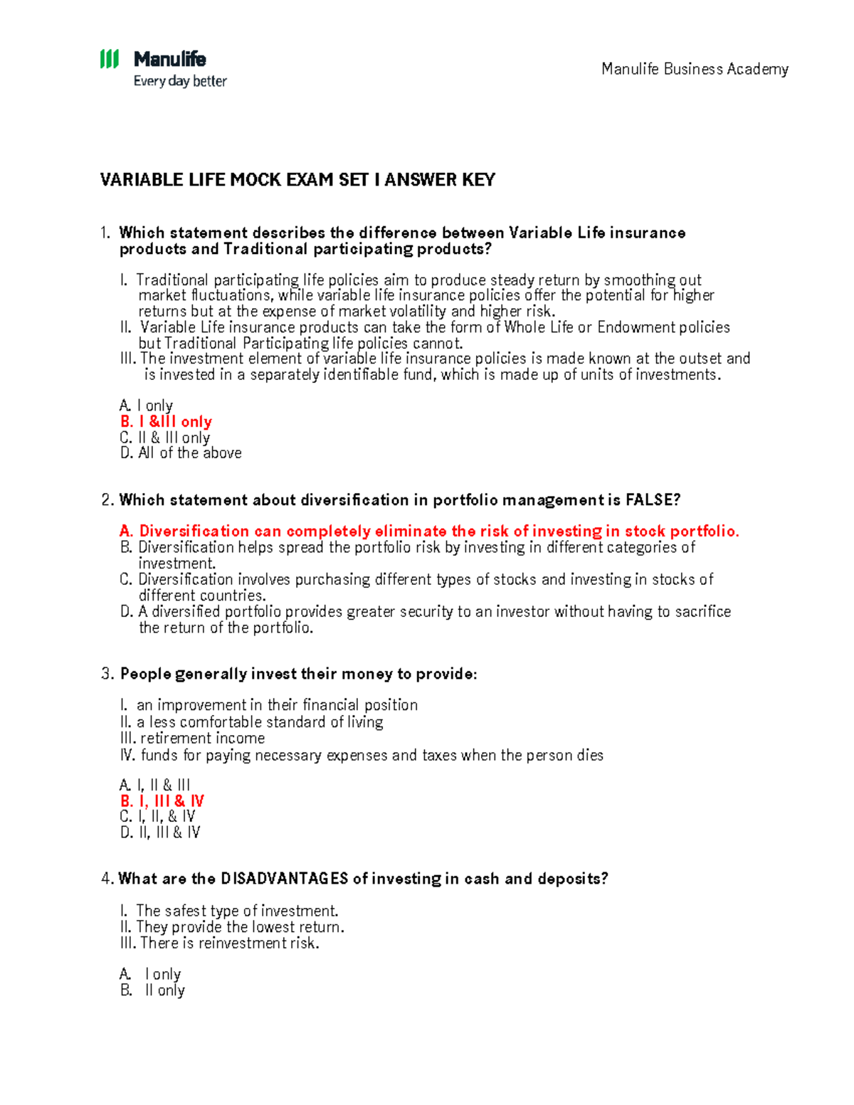 Variable Life Insurance Mock Exam Set I - Answer Key (Course Code ...