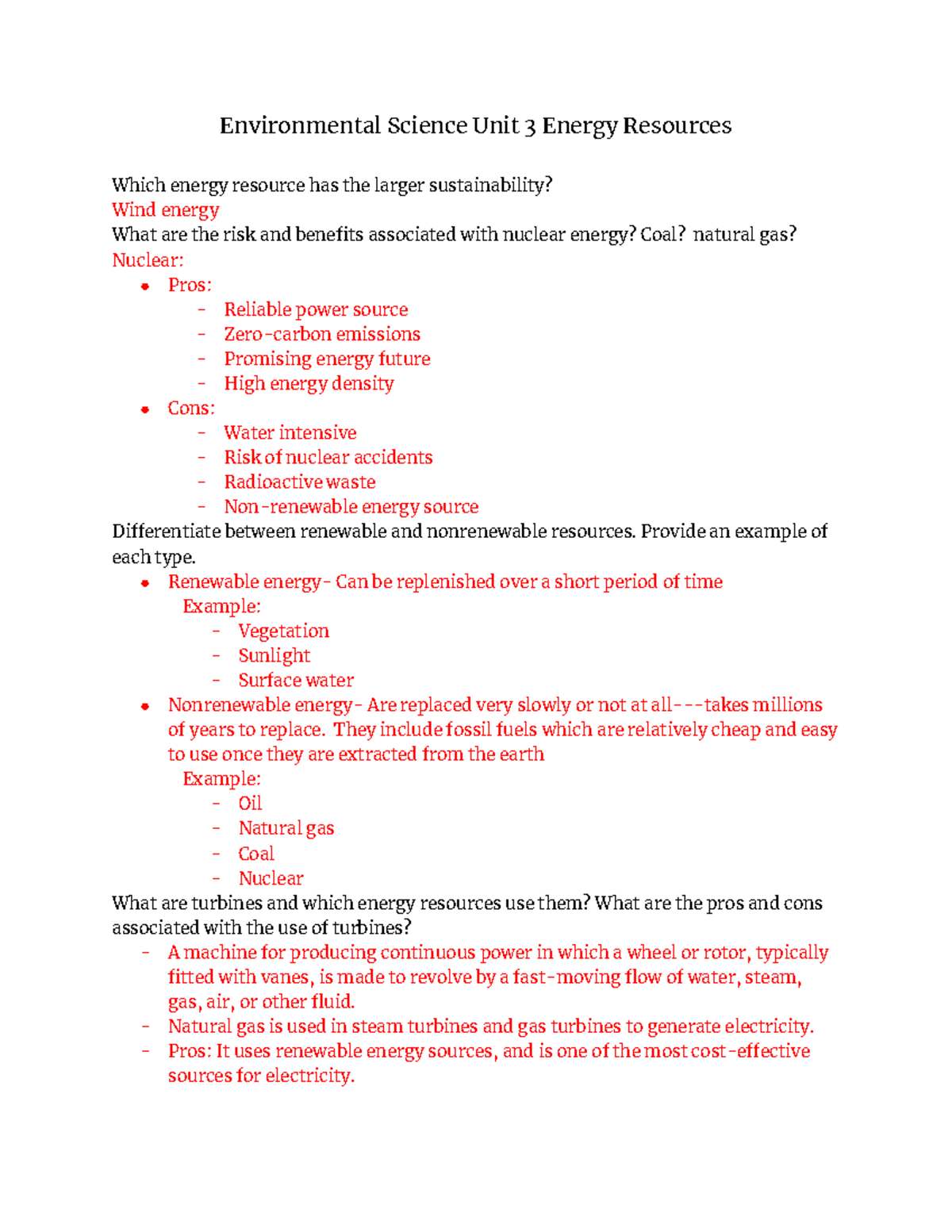 Environmental Science Unit 3: Sustainability of Energy Resources - Studocu