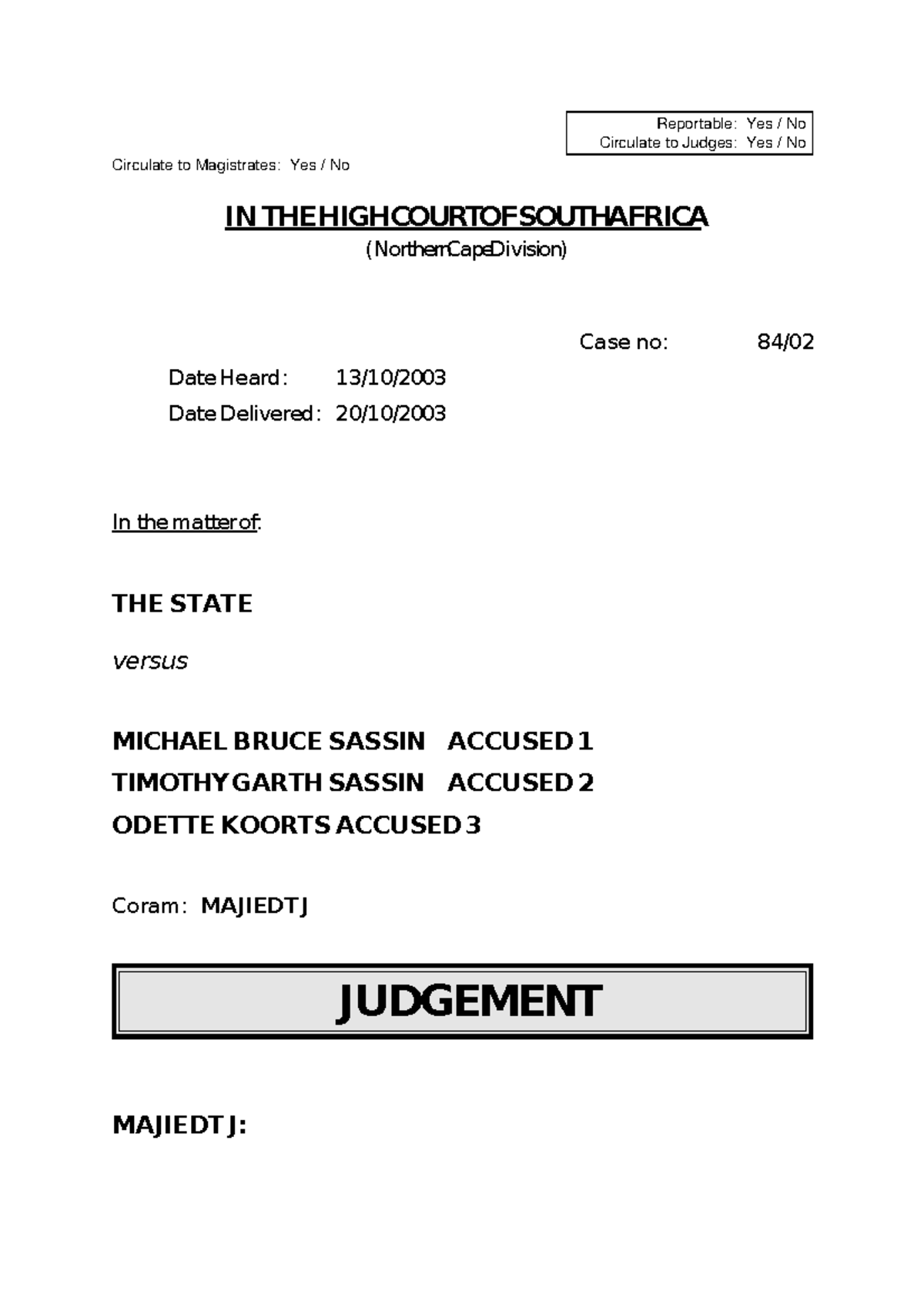 Judgment and Sentence in S v Sassin (Case No. KS) - Studocu