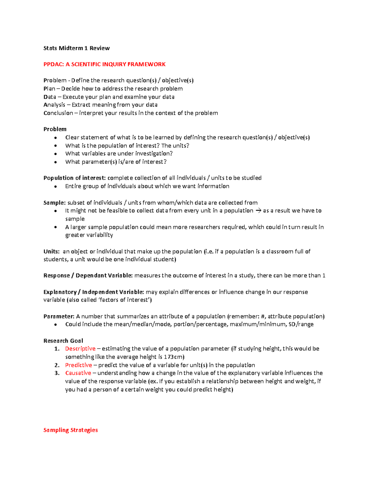 Stats Midterm 1 Review: Key Concepts and Sampling Strategies - Studocu