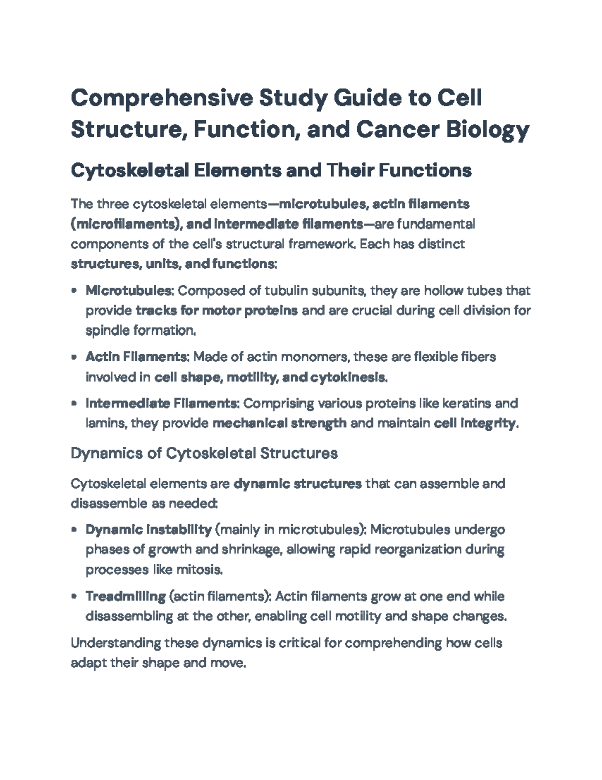Comprehensive Study Guide: Cell Structure, Function & Cancer Biology ...