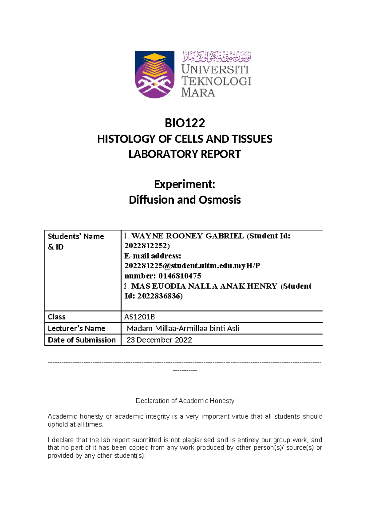 BIO 122 LAB Report EXP 2 - nil - BIO HISTOLOGY OF CELLS AND TISSUES ...