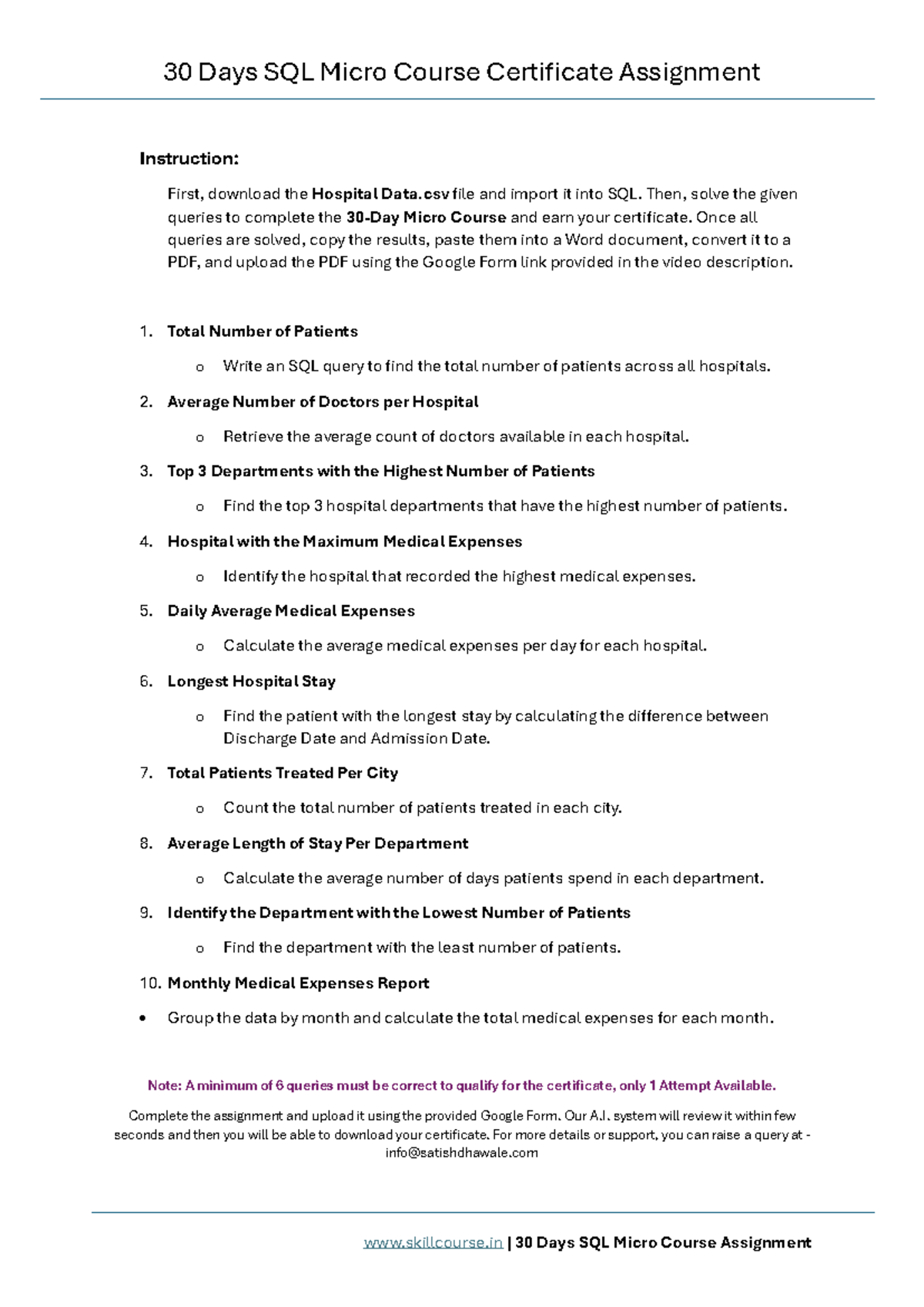 30 Days SQL Micro Course Assignment Instructions & Queries - Studocu