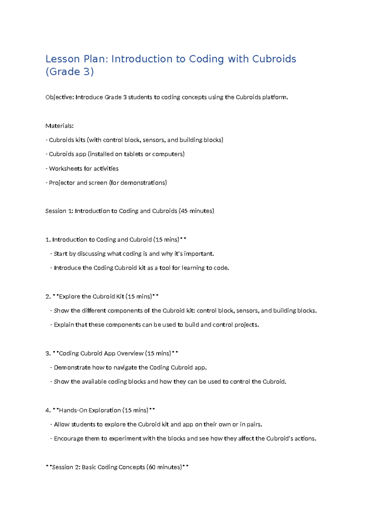 Lesson Plan - Introduction to Coding with Cubroids (Grade 3) - Studocu