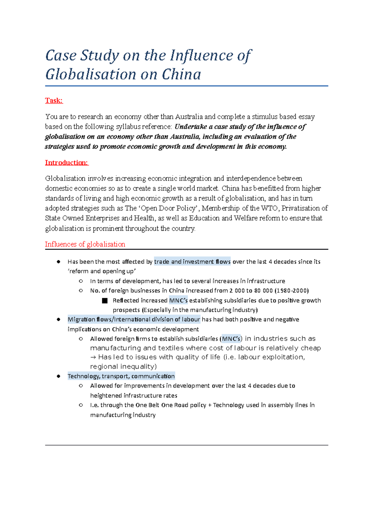 Essay 7 - Grade: 12 - Case Study on the Influence of Globalisation on ...