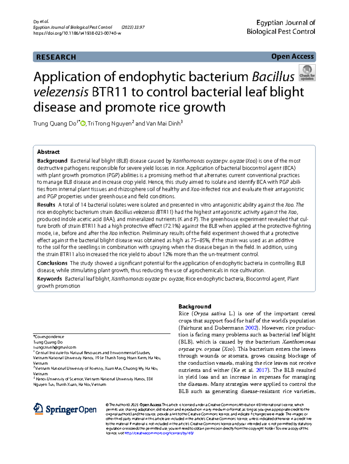 Application of Bacillus velezensis BTR11 for BLB Control in Rice - Studocu