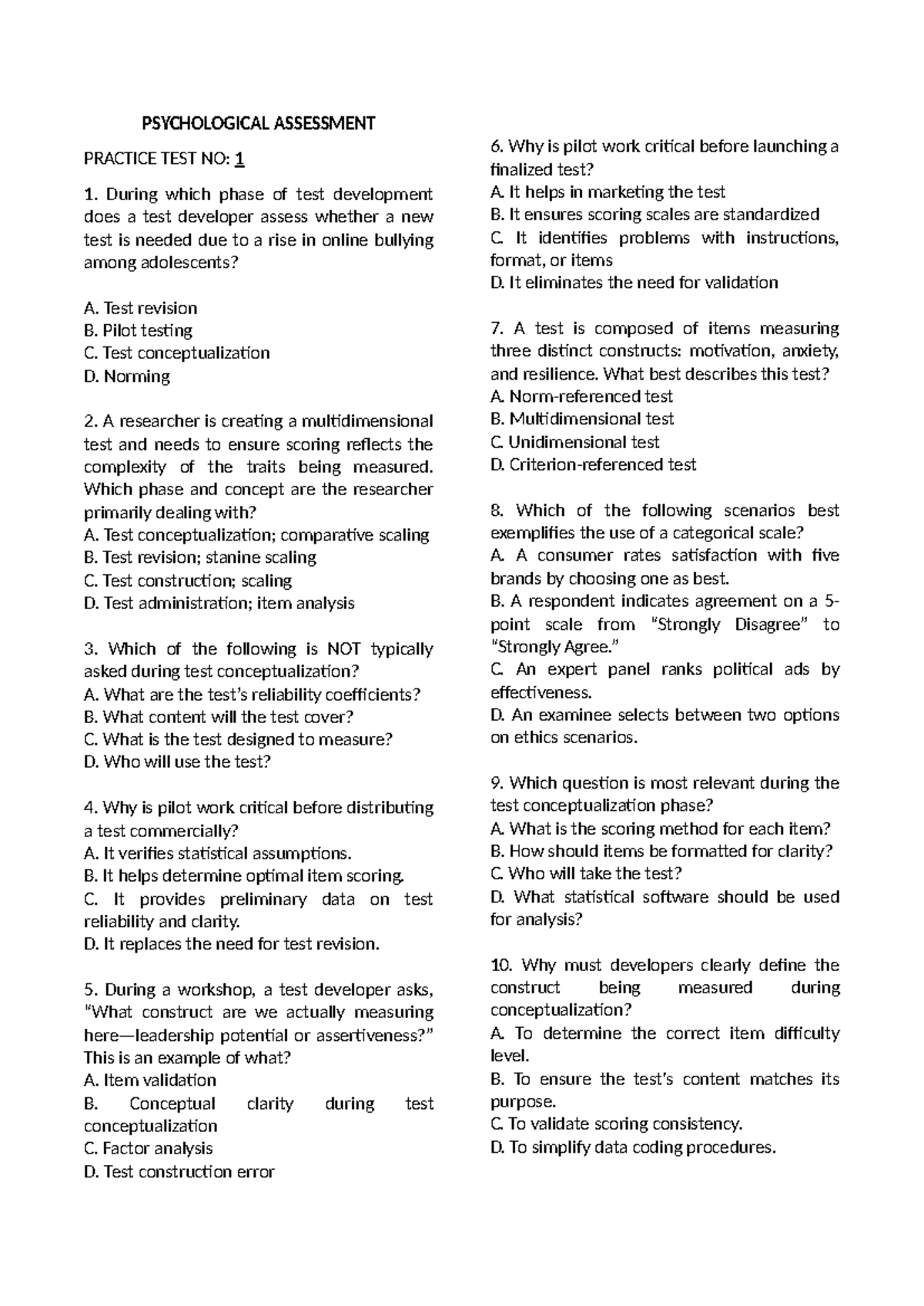 PSY 101 Psychological Assessment Practice Test 1 with Answers - Studocu