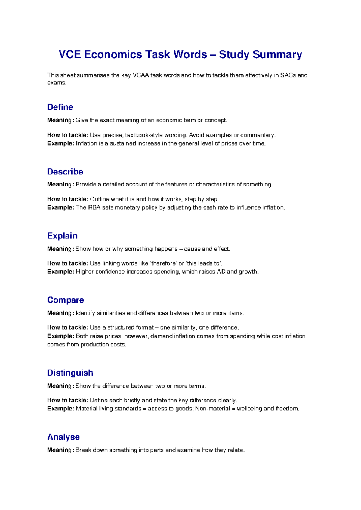 VCE Economics Task Words Study Guide for SACs and Exams - Studocu